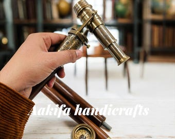 Vintage Brass Telescope Walking Stick with Compass: Nautical Hiking Cane