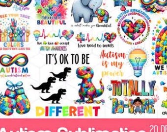 Pacote de imagens PNG para conscientização sobre o autismo - Quebra-cabeça de coração e citações (Download digital)