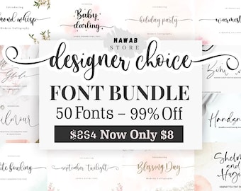 May include: A collection of various fonts, including "almond whisp" and "Baby darling," is displayed. The central focus is a "designer choice" font bundle, offering 50 fonts at a 99% discount. The text "FONT BUNDLE" is prominently featured.