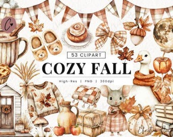 Watercolor Fall Clipart,Cozy Fall Png Bundle, Pumpkin PNG,Autumn Girl digital download,Rustic Clipart PNG, Cottagecore clipart, Boho Planner