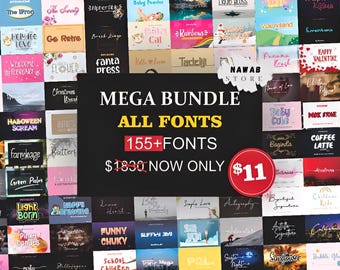 May include: A collection of font designs displayed on a black background. The text "MEGA BUNDLE ALL FONTS 155+ FONTS" is prominently featured, with a crossed-out price and a sale price of $11.