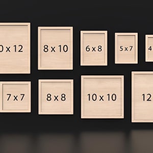 May include: A collection of ten light-colored wooden picture frames arranged in two rows. The frames are labeled with their dimensions in inches: 10x12, 8x10, 6x8, 5x7, 4x6, 5x5, 7x7, 8x8, 10x10, and 12x12. Each frame has a simple, flat border design.