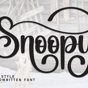 May include: Black cursive font spelling "Snoopy" with a decorative flourish above. Below the word, the text reads "NEW STYLE HANDWRITTEN FONT". A white dog is in the background.