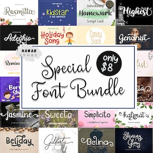 Puede incluir: Una colección de varios estilos de fuente, incluyendo fuentes de script y de visualización, con el texto "Special Font Bundle" y una etiqueta de precio de $8. Las fuentes se presentan en un formato de collage, mostrando diferentes nombres y diseños de fuente.