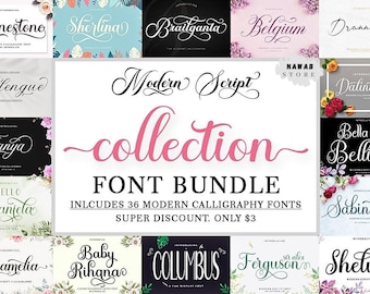 May include: A collection of modern calligraphy fonts is displayed, showcasing various styles and designs. The image features a font bundle with 36 fonts, with the word "collection" in pink script.