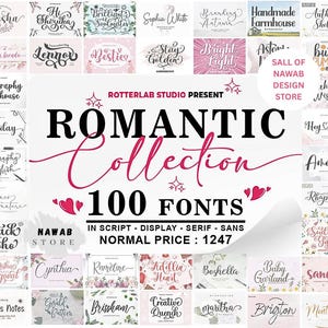 Op de afbeelding: Afbeelding van een digitale lettertypescollectie genaamd "Romantic Collection" met 100 lettertypen. De afbeelding toont voorbeelden van de lettertypen en de tekst "Romantic Collection 100 Fonts" in verschillende stijlen.