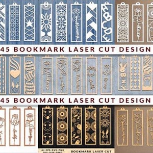 May include: A collection of laser-cut wooden bookmarks with various designs, including floral patterns, geometric shapes, and text. The bookmarks are in shades of brown and white, with some featuring the words "Love" and "Mommy". The text "45 BOOKMARK LASER CUT DESIGN" is also visible.