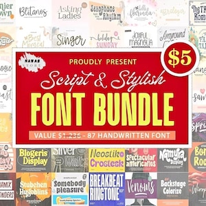 May include: An image advertising a font bundle featuring a variety of handwritten fonts. The main banner, set against a red background, states "Script & Stylish FONT BUNDLE". The image includes a "£5" price tag and displays 87 handwritten fonts.