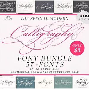 Op de afbeelding: Promotionele afbeelding voor een kalligrafie lettertypebundel. Het ontwerp heeft een roze en witte kleurstelling, met voorbeelden van lettertypen. De tekst luidt "The Special Modern Calligraphy Font Bundle" met 57+ lettertypen.