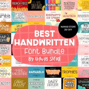 May include: A collection of handwritten fonts in various styles, displayed on colorful backgrounds. The image features the text "BEST HANDWRITTEN Font Bundle by NAWAB STORE" and includes font names like "Family Farmhouse" and "Margarita".