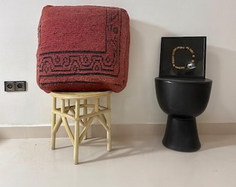 Handwoven Moroccan Wool Pouf: Terracotta Red Berber Ottoman, vintage gift