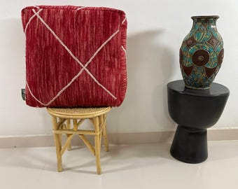 Handwoven Moroccan Wool Pouf Ottoman: Red Boho Floor Cushion, vintage gift