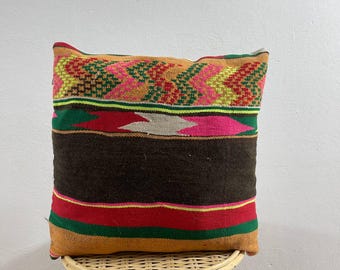 Handgewebter marokkanischer Kelim Kissenbezug: Helles Boho Tribal Kissen, vintage Geschenk
