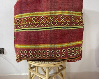 Handmade Moroccan Wool Pouf: Red Berber Ottoman with Yellow Tribal Stripes, vintage gift