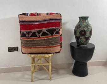 Handmade Moroccan Wool Pouf: Red & Brown Stripe Berber Ottoman, vintage gift
