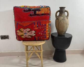 Vintage Moroccan Red Berber Pouf: Handwoven Wool Ottoman, Tribal Boho Decor, vintage gift