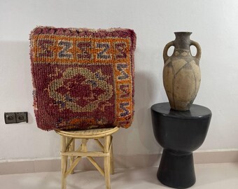 Handmade Moroccan Berber Wool Pouf: Red & Orange Tribal Ottoman, vintage gift