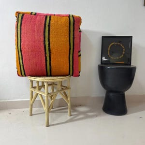 Handmade Berber Wool Moroccan Pouf: Pink & Orange Striped Ottoman