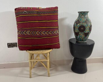Handmade Moroccan Wool Pouf: Red Berber Ottoman, Tribal Stripe Design, vintage gift