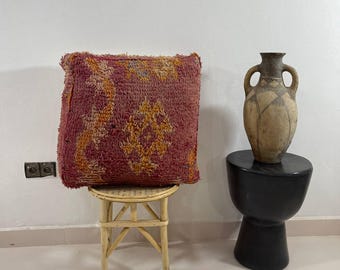 Handmade Berber Wool Moroccan Pouf: Red & Mustard Tribal Ottoman, vintage gift