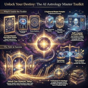 May include: An illustrated guide titled "Unlock Your Destiny: The AI Astrology Master Toolkit." The image features various astrological tools, including tablets, cubes, scales, and books, with text such as "Psychological Analysis" and "Event Analysis."