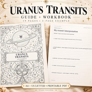 May include: A printed guide and workbook titled Uranus Transits, featuring 19 pages and a 3-page example. The cover displays a black and white illustration of a planet with rings and an armillary sphere. An open page shows a My transit interpretation worksheet.
