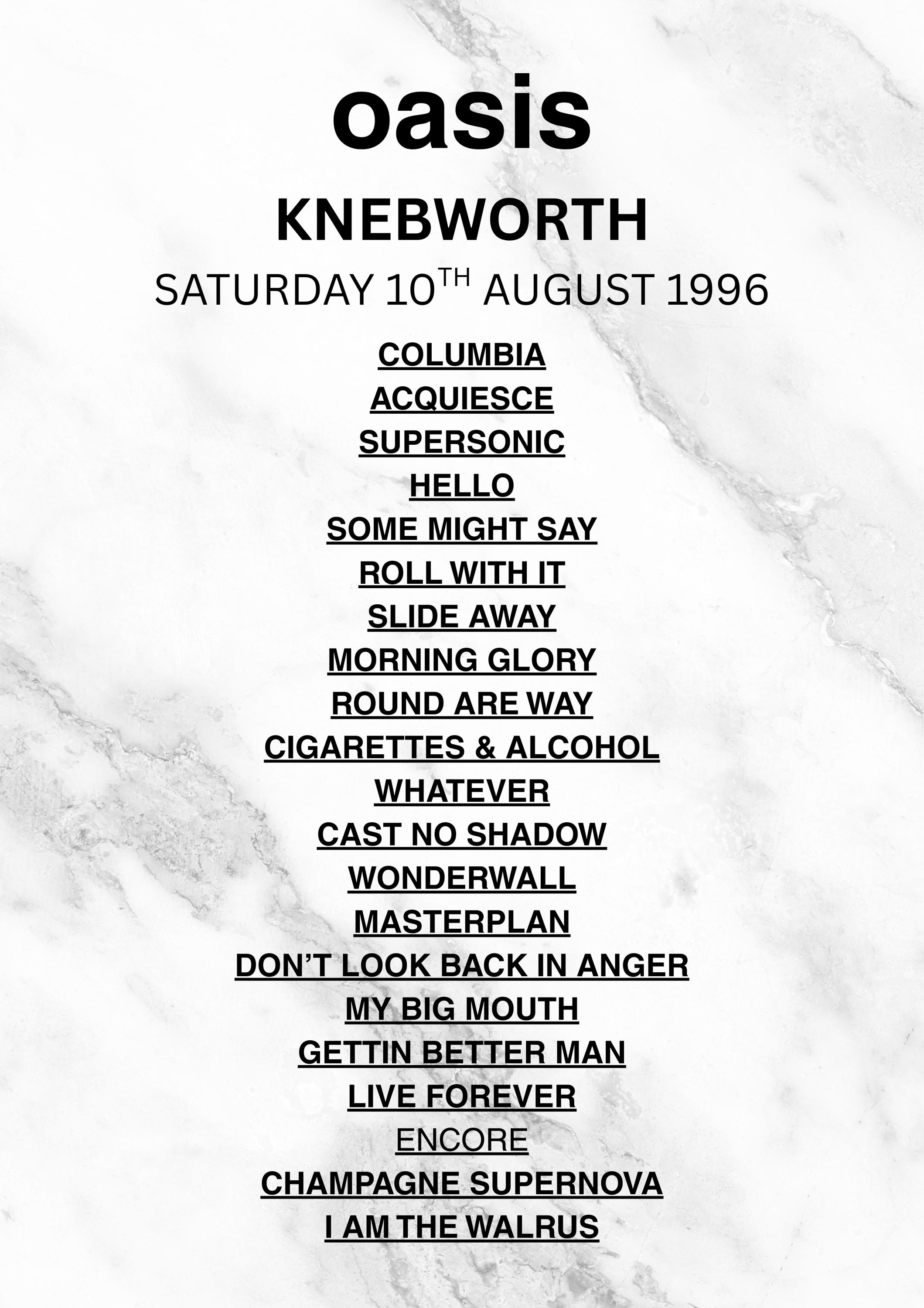 Oasis Set List Knebworth 1996 - Etsy