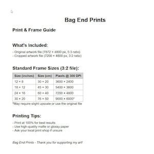 May include: A white document titled "Bag End Prints" with a "Print & Frame Guide." It includes artwork file details, standard frame sizes in inches and centimeters, and printing tips. The document also includes the text "Thank you for supporting my art!"