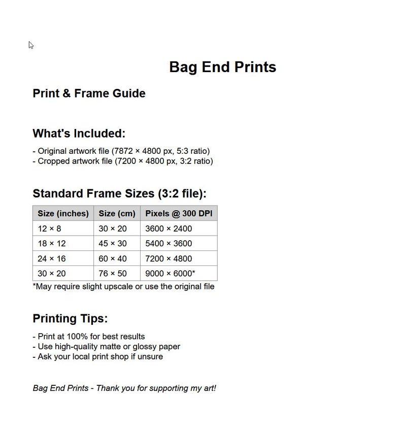 May include: A white document titled "Bag End Prints" with a "Print & Frame Guide." It includes artwork file details, standard frame sizes in inches and centimeters, and printing tips. The document also includes the text "Thank you for supporting my art!"
