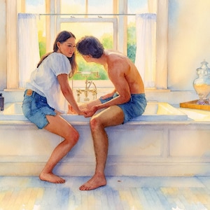 May include: Watercolor painting of a couple in a sunlit bathroom. A woman in a white top and denim shorts sits on the edge of a white bathtub, touching the feet of a man in denim shorts. A window and decorative items are in the background.