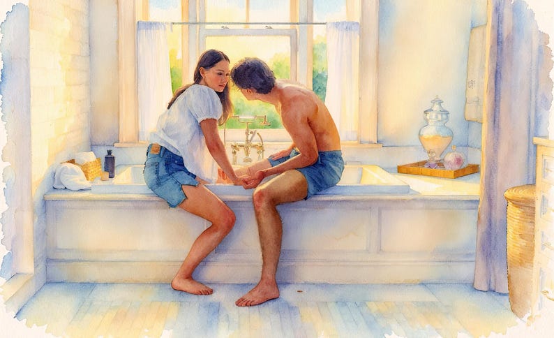 May include: Watercolor painting of a couple in a sunlit bathroom. A woman in a white top and denim shorts sits on the edge of a white bathtub, touching the feet of a man in denim shorts. A window and decorative items are in the background.