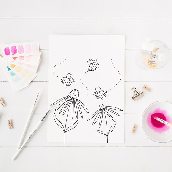 Bees And Flowers Coloring Page For Kids And Adults Printable