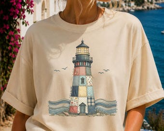 Patchwork Lighthouse Shirt, Coastal Cottage Tee, Nautical Beach T-Shirt, Oversized Ocean Graphic Tee, Vintage Seaside Shirt