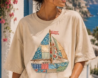 Patchwork Sailboat Shirt, Coastal Summer Tee, Vintage Nautical Graphic Tee, Faux Embroidered Boat Shirt, Beach Vacation Oversized T-Shirt