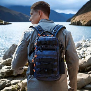 Puede incluir: Mochila azul camuflaje con múltiples compartimentos y detalles en naranja. La mochila tiene correas ajustables y un asa superior. Diseñada para actividades al aire libre.