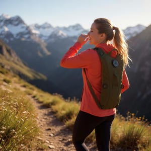 Op de afbeelding: Een persoon draagt een oranje shirt met lange mouwen en een zwarte legging, met een groene hydratatierugzak. De achtergrond toont een bergketen en een wandelpad. De persoon geniet van het uitzicht.