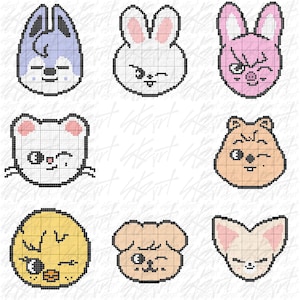 Puede incluir: Nueve caras de animales pixeladas en varios colores, incluyendo un lobo azul, conejos blancos y rosas, un rat&oacute;n blanco, un h&aacute;mster marr&oacute;n, un pollito amarillo, un perro canela y un zorro canela. Cada cara tiene una expresi&oacute;n &uacute;nica.