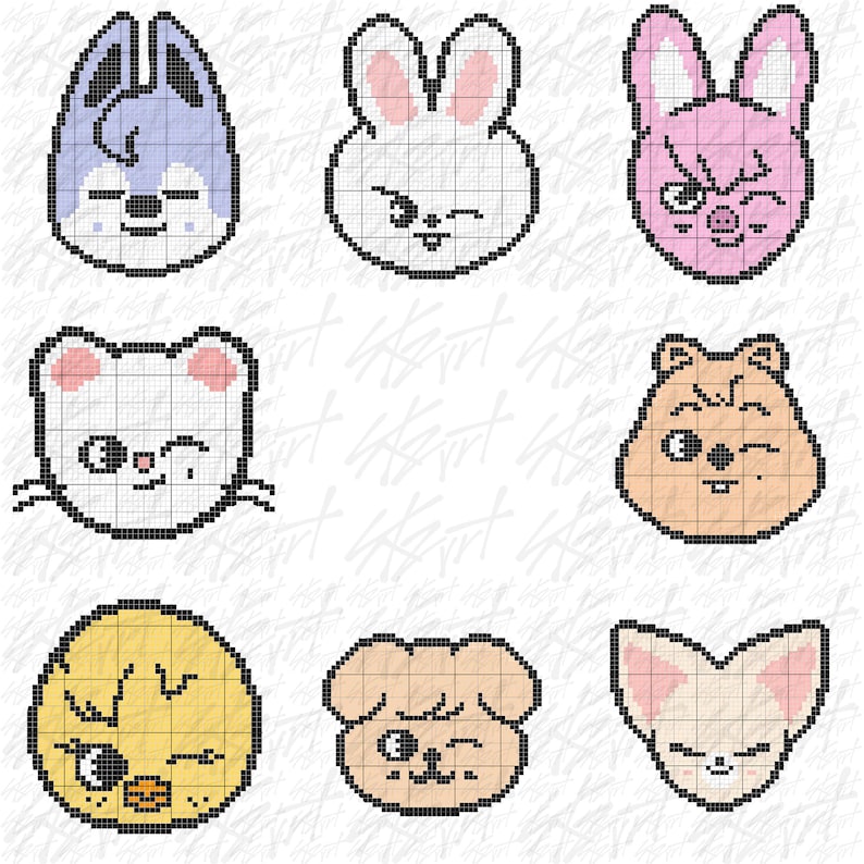 Puede incluir: Nueve caras de animales pixeladas en varios colores, incluyendo un lobo azul, conejos blancos y rosas, un rat&oacute;n blanco, un h&aacute;mster marr&oacute;n, un pollito amarillo, un perro canela y un zorro canela. Cada cara tiene una expresi&oacute;n &uacute;nica.