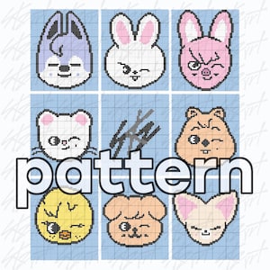 Peut inclure: Une grille de neuf visages d'animaux en pixel art de différentes couleurs, dont un loup bleu, un lapin blanc et un cochon rose. Le mot "pattern" est superposé en lettres blanches. Le fond est une grille bleu clair.