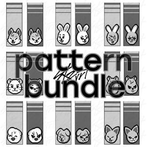 May include: A grayscale graphic featuring a collection of animal faces, including wolves, rabbits, bears, and dogs, arranged in vertical rectangular panels. The word "pattern" is prominently displayed, with "skin girl bundle" below it. The overall design is simple and cartoonish.