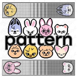 May include: A digital cross-stitch pattern featuring a grid layout with various pixelated animal character faces in shades of yellow, pink, white, and light blue. The design includes multiple rows of stylised heads and the word pattern in black text.