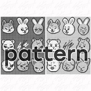 May include: Black and white pattern design featuring cartoon animal faces, including foxes, rabbits, and bears. The word "pattern" is prominently displayed in the center. The design is repeated across a grid.