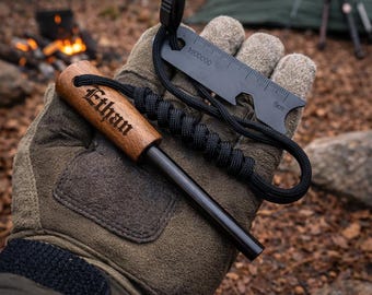 Personalized Steel Fire Starter, Engraved Wooden Handle Ferro Rod, Camping Survival Tool