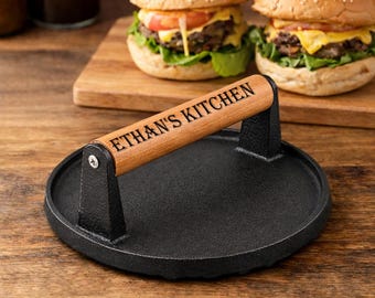 Prensa para hamburguesas personalizada, trituradora de hamburguesas con grabado personalizado, herramienta para parrilla de barbacoa, regalo para papá, esposo o chef.