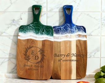Personalized Cutting Board Wedding Gift |Ocean Resin Cheese Board |Engagement Gift for Couple | Housewarming Gift |Coastal Charcuterie Board