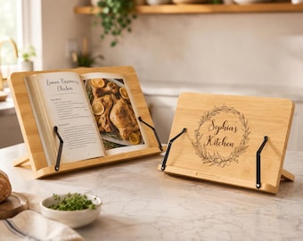 Gepersonaliseerde kookboekstandaard, receptenboekhouder, houten kookboekhouder, kookboekdisplay, housewarmingcadeaus voor koppels, cadeau nieuw huis