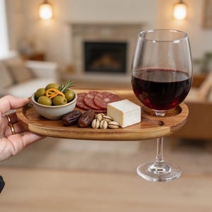 Può includere: Un portabicchieri da vino in legno con una selezione di olive, salame, formaggio, datteri e pistacchi. Un bicchiere da vino pieno di vino rosso è attaccato. Il supporto è tenuto da una persona.