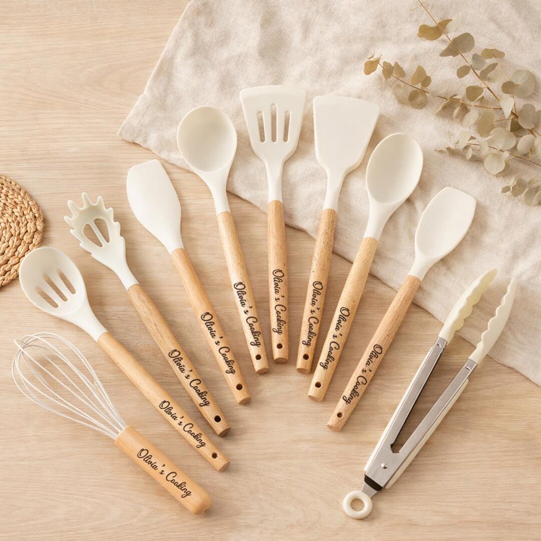 Custom Utensils Personalized Beechwood Kitchen Utensil Set, Engraved Cooking Tools ...