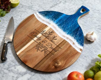 Ocean Resin Cheese Board with Wood, Monogram and Name Engraved Wedding Gift,Charcuterie Board, Unique Anniversary Gift, Housewarming Present