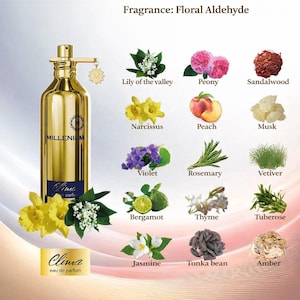 Op de afbeelding: Een goudkleurige parfumfles met de tekst "Millenium Clima eau de parfum" en een lijst met geurnoten, waaronder lelietje-van-dalen, pioenroos en sandelhout. De geur wordt beschreven als Floral Aldehyde.